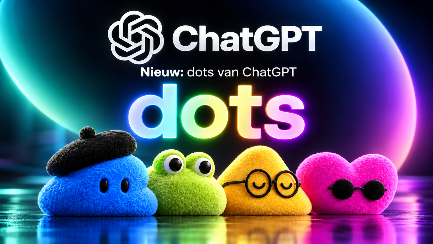 De vier kleurrijke Dots-mascottes onder het neon dots-logo